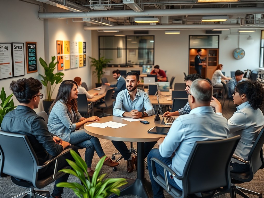 A modern office with employees engaging in a session with a workplace psychologist, emphasizing mental health and well-being.